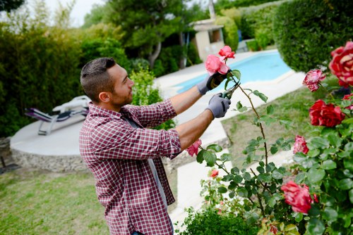 Maintenance technician checking gardening equipment beside a mower